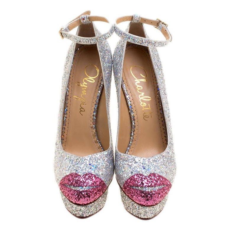 Charlotte Olympia Two Tone Glitter Kiss Me Dolores! Ankle Strap Platform Pumps S For Sale at 1stdibs