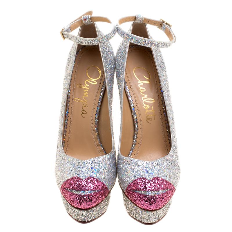 Charlotte Olympia Two Tone Glitter Kiss Me Dolores! Ankle Strap Platform Pumps S 1