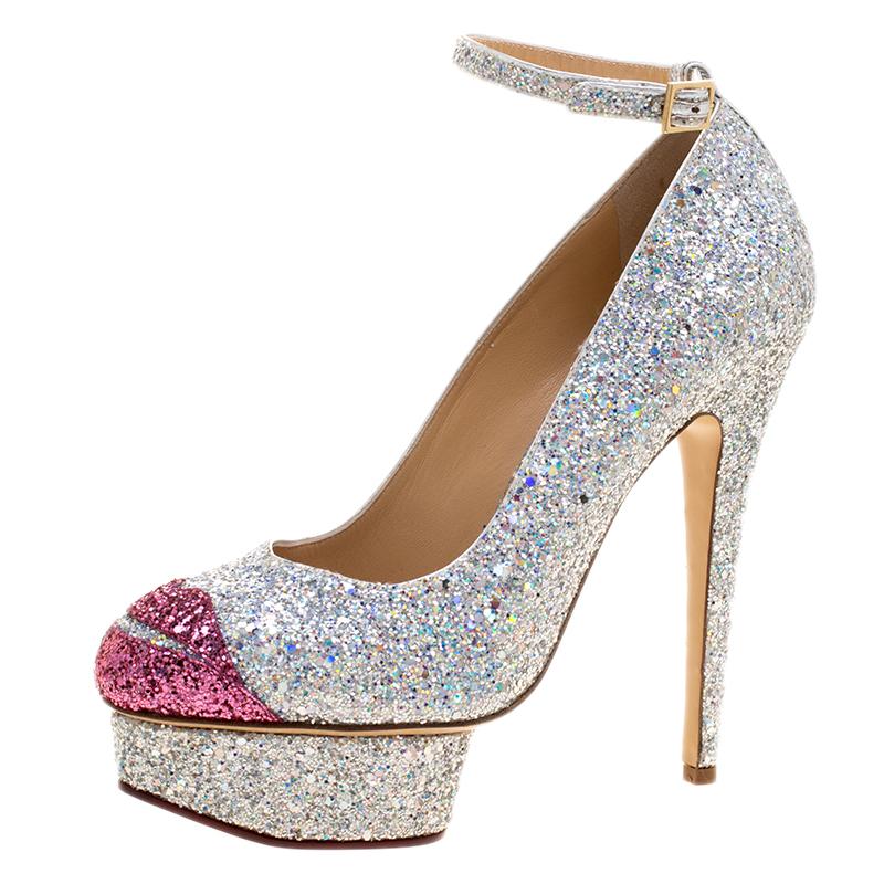 Charlotte Olympia Two Tone Glitter Kiss Me Dolores! Ankle Strap Platform Pumps S