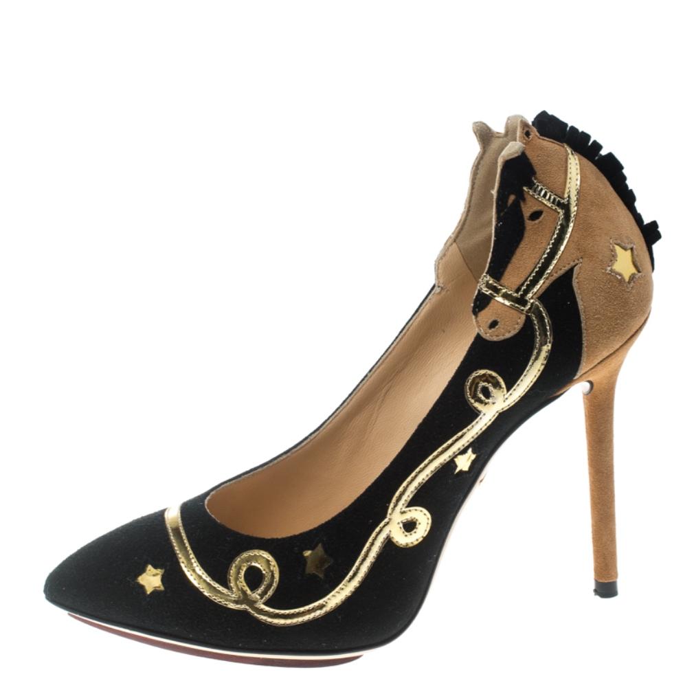 Apt for a meaningful and important day, these Charlotte Olympia pumps are sure to add a gleeful look to your outfit. They are crafted from suede and feature pointed toes. They flaunt a gold-tone leather trim detailing on the exterior that makes them