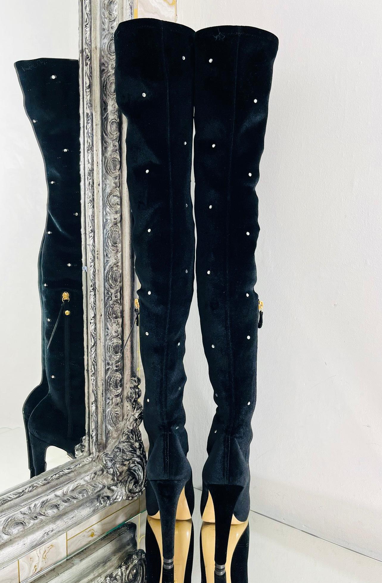 Black Charlotte Olympia Velvet Crystal Embellished Over-The-Knee Boots