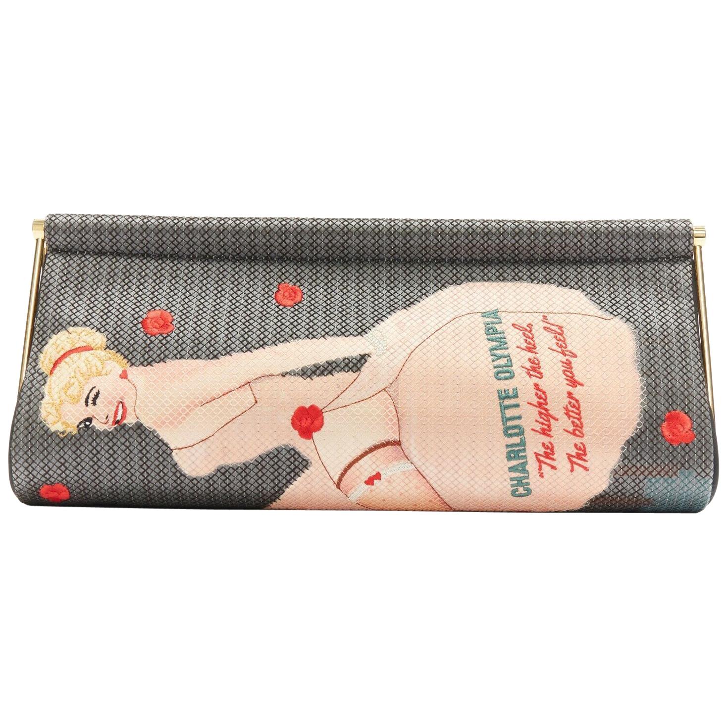 CHARLOTTE OLYMPIA Whisper grey nude pin up embroidered magazine clutch bag