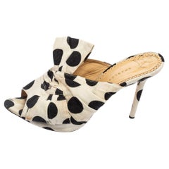 Charlotte Olympia White/Black Polka Canvas Bow Side Sandals Size 38