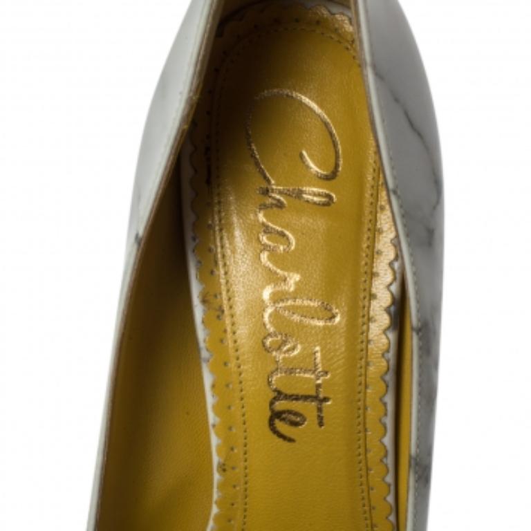 Women's Charlotte Olympia White/Grey Marble-Print Leather Dolly Platform Pumps Size 37 For Sale
