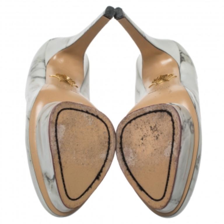 Charlotte Olympia White/Grey Marble-Print Leather Dolly Platform Pumps Size 37 For Sale 1