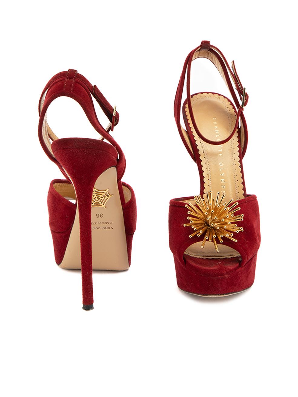 Charlotte Olympia Women's Burgundy Suede Metal Accent Platform Heels In Excellent Condition For Sale In London, GB
