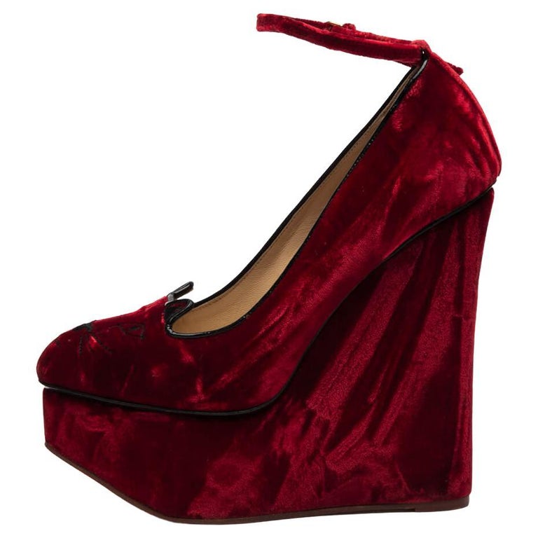 Charlotte Olympia Women's Red Velvet Kitty Cat Skyhigh Wedges For Sale