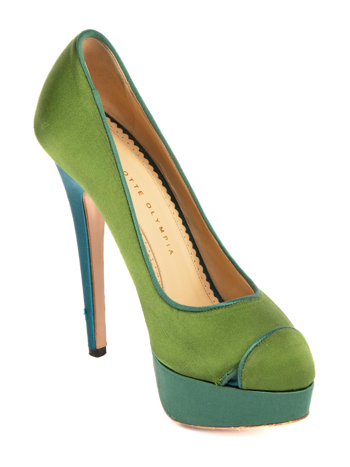 CONDITION is Good. Minor wear to heels is evident. Wear/stains to satin exterior and fraying. The satin on the heel stem also frayed on this used Charlotte Olympia designer resale item.   Details  Two Tones of Green Satin Platform Round-toe    Made