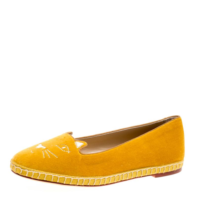 Charlotte Olympia Yellow Cotton Velvet Kitties Capri Cat Flats Size 38