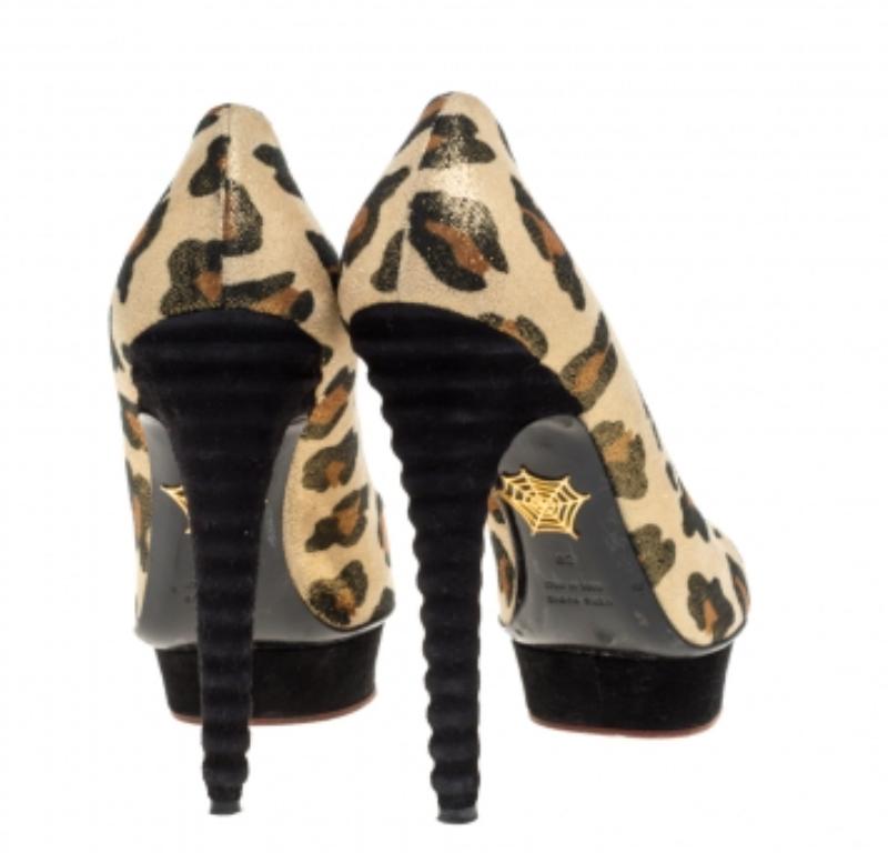 Beige Charlotte Olympia Yellow Glitter Suede Leopard Print Platform Pumps Size 39 For Sale