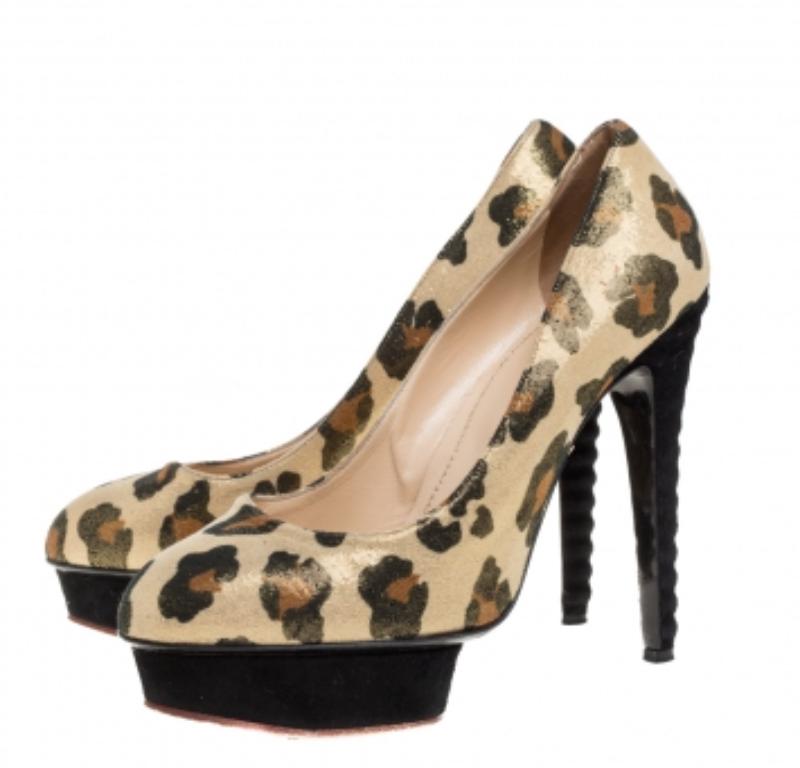 Charlotte Olympia Yellow Glitter Suede Leopard Print Platform Pumps Size 39 For Sale 1