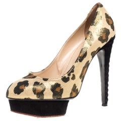 Charlotte Olympia Yellow Glitter Suede Leopard Print Platform Pumps Size 39