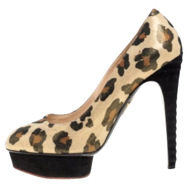 Charlotte Olympia Yellow Glitter Suede Leopard Print Platform Pumps Size 39 For Sale