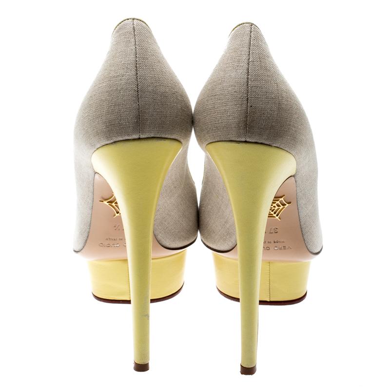 Charlotte Olympia Yellow Leather And Beige Canvas Dolly Platform Pumps Size 37.5 In Good Condition In Dubai, Al Qouz 2