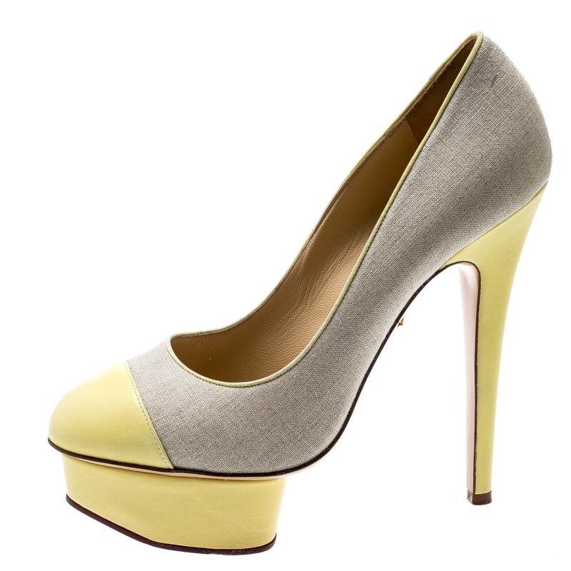 Charlotte Olympia Yellow Leather And Beige Canvas Dolly Platform Pumps Size 37.5 2