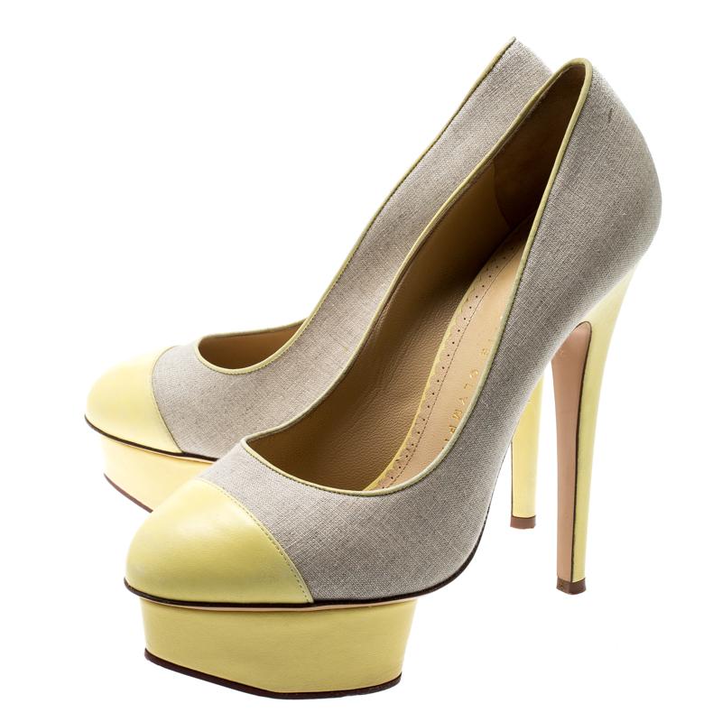 Charlotte Olympia Yellow Leather And Beige Canvas Dolly Platform Pumps Size 37.5 3