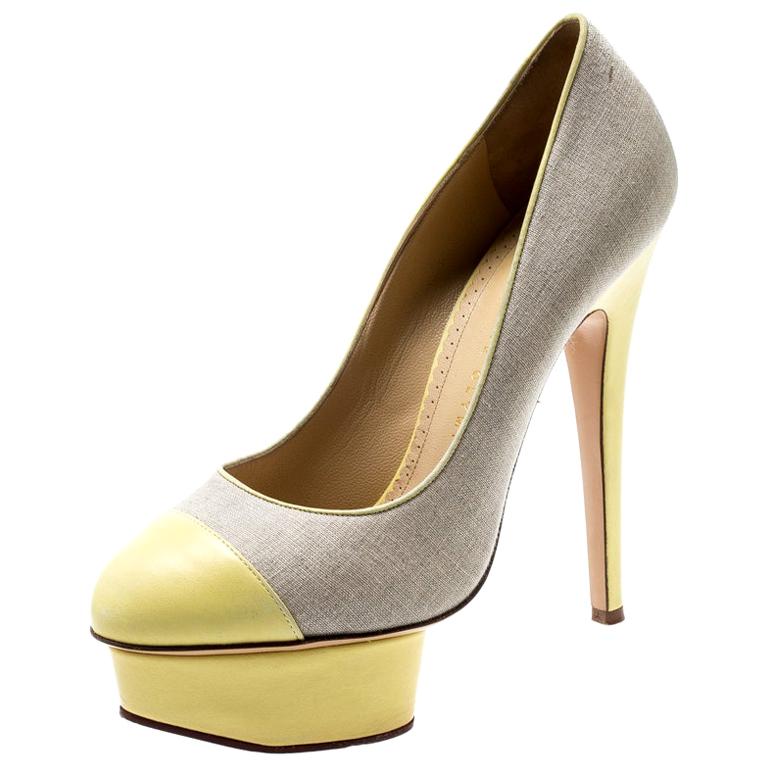 Charlotte Olympia Yellow Leather And Beige Canvas Dolly Platform Pumps Size 37.5