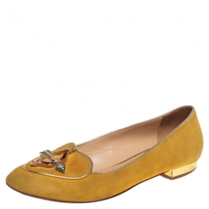 Women's Charlotte Olympia Yellow Suede Ballet Flats Size 36.5 For Sale