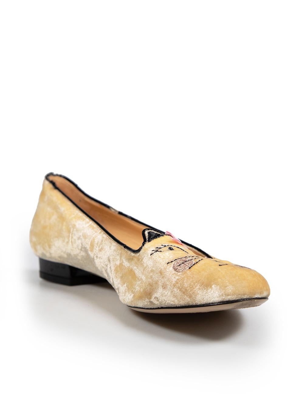 CONDITION is Very good. Minimal wear to shoes is evident. Minimal abrasions to the topline of both shoes on this used Charlotte Olympia designer resale item.
 Details
 Yellow
 Velvet
 Ballet flats
 Round toe
 Cat Face Embroidery
 Low heels
 
 
 Made