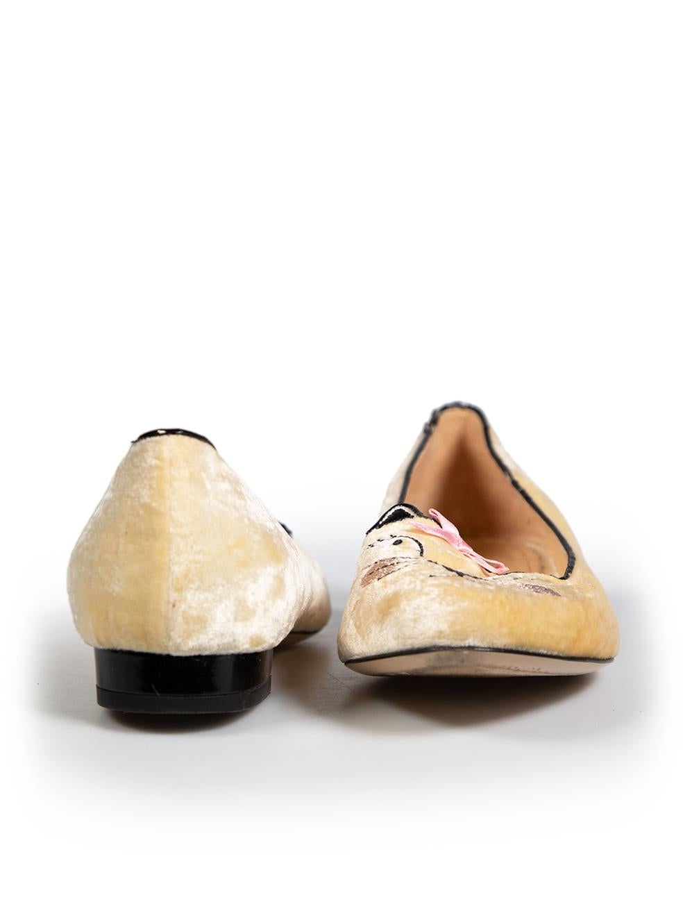 Charlotte Olympia Yellow Velvet Cat Face Flats Size IT 38.5 In Good Condition In London, GB