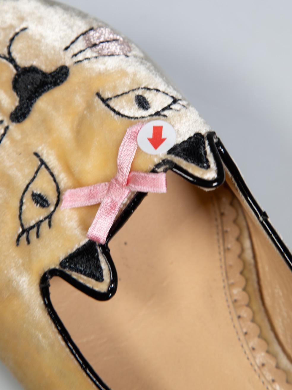 Charlotte Olympia Yellow Velvet Cat Face Flats Size IT 38.5 2
