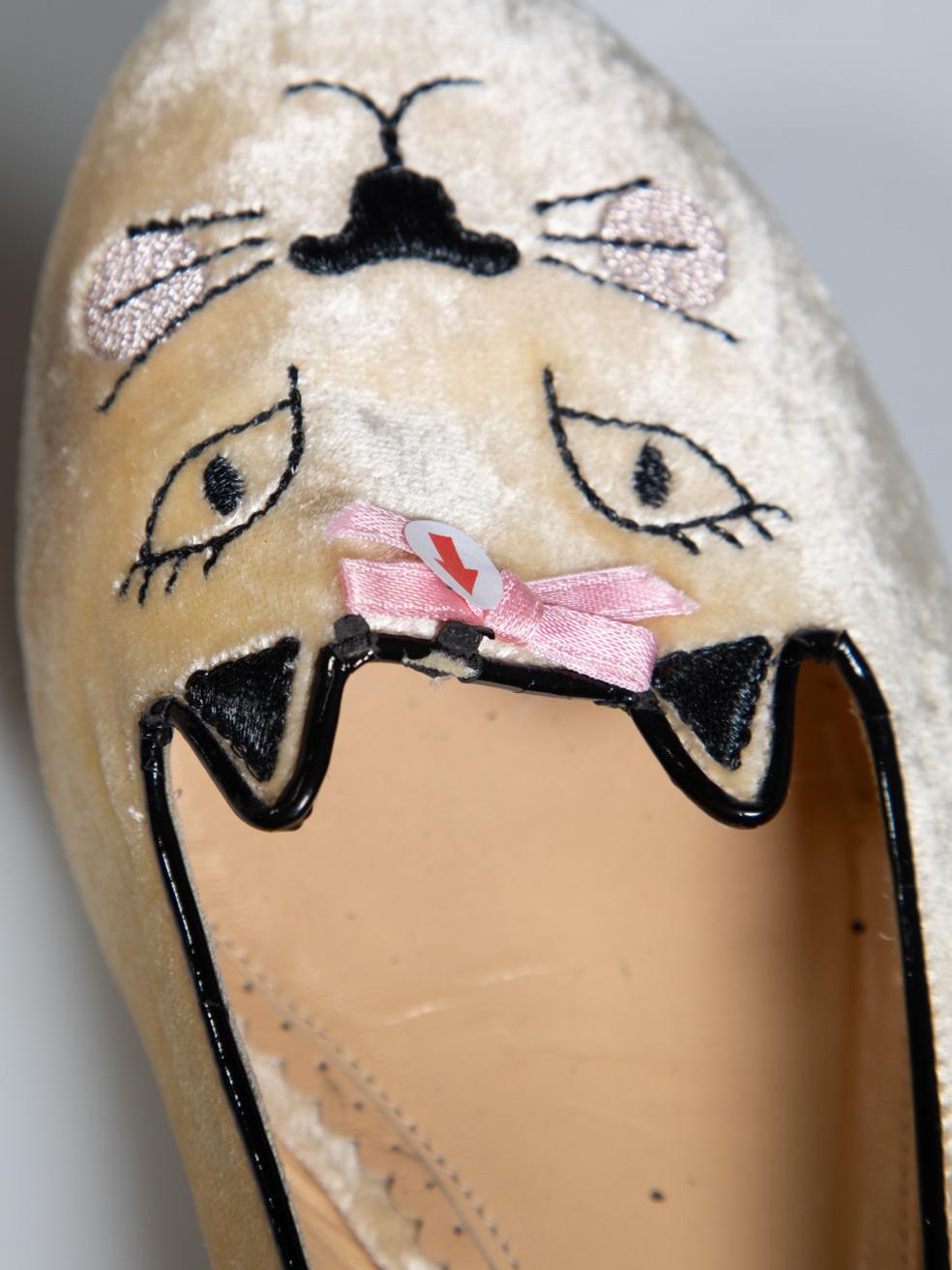 Charlotte Olympia Yellow Velvet Cat Face Flats Size IT 38.5 3