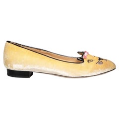 Charlotte Olympia Gelbe flache Samt Cat Face Flats Größe IT 38,5