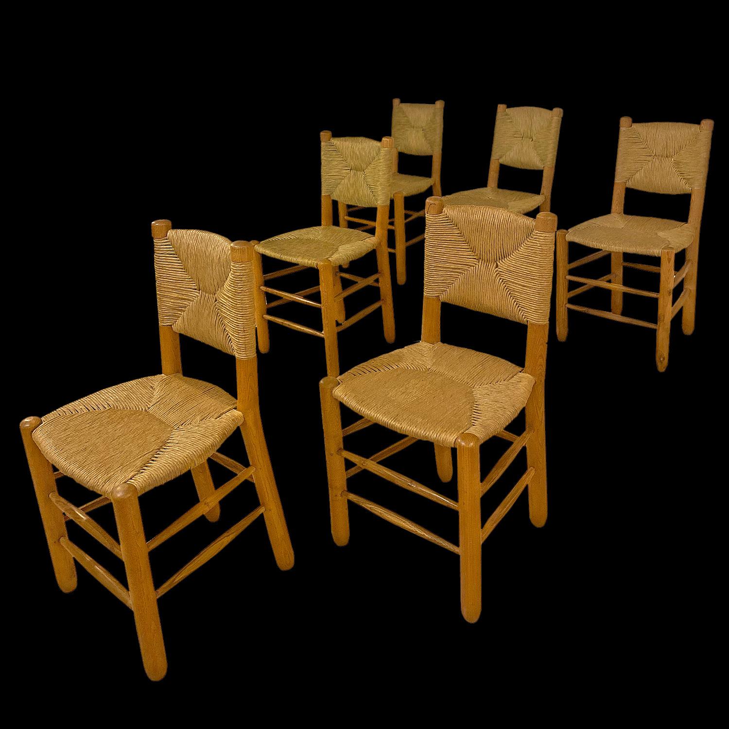 Charlotte Perriand 
A set of 6 Bauche model straw chairs by Charlotte Perriand produced during the war in Grenoble where Pierre Jeanneret was resistant under the occupation. These are historical pieces which have nothing to do with the industrial