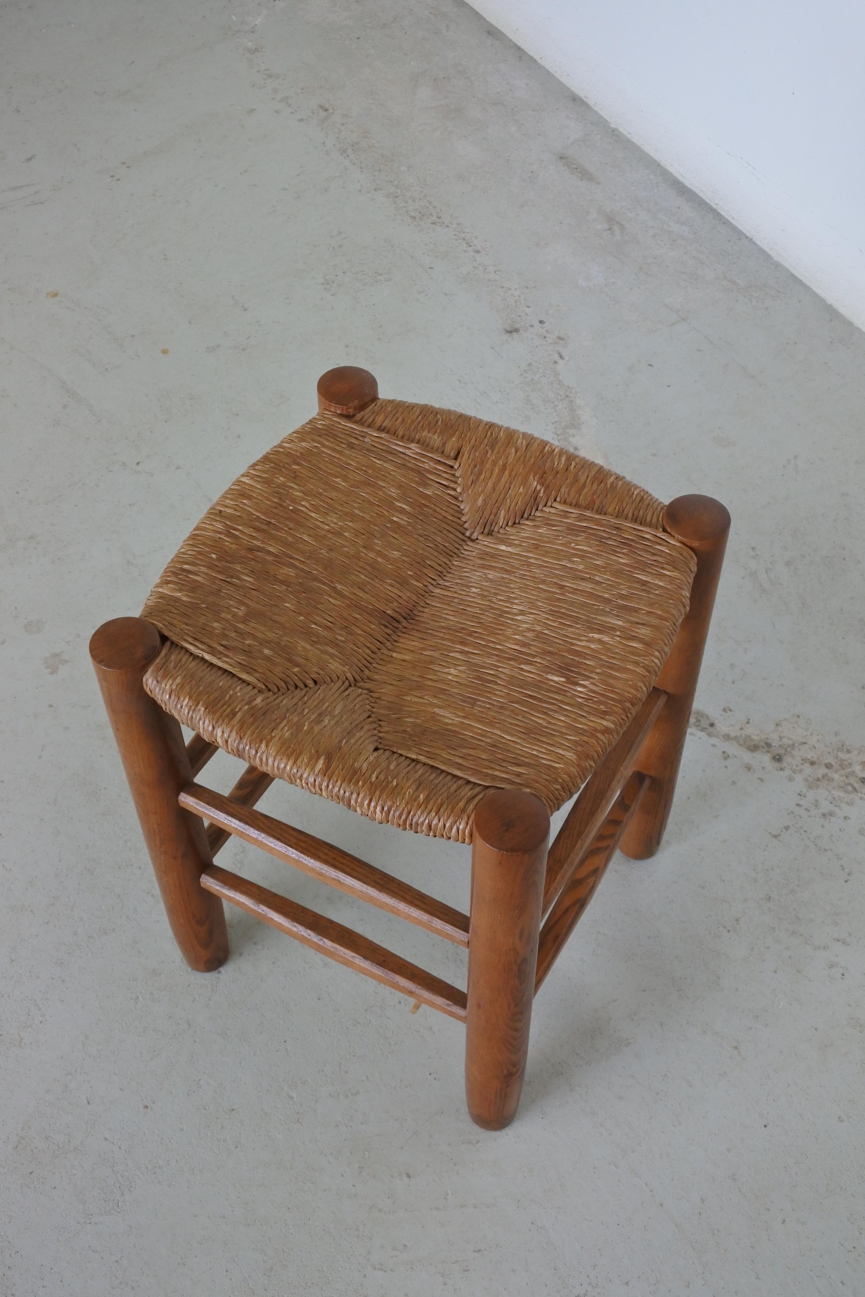 Mid-Century Modern Charlotte Perriand Ash Wood and Straw Stool, France, Early 1950s