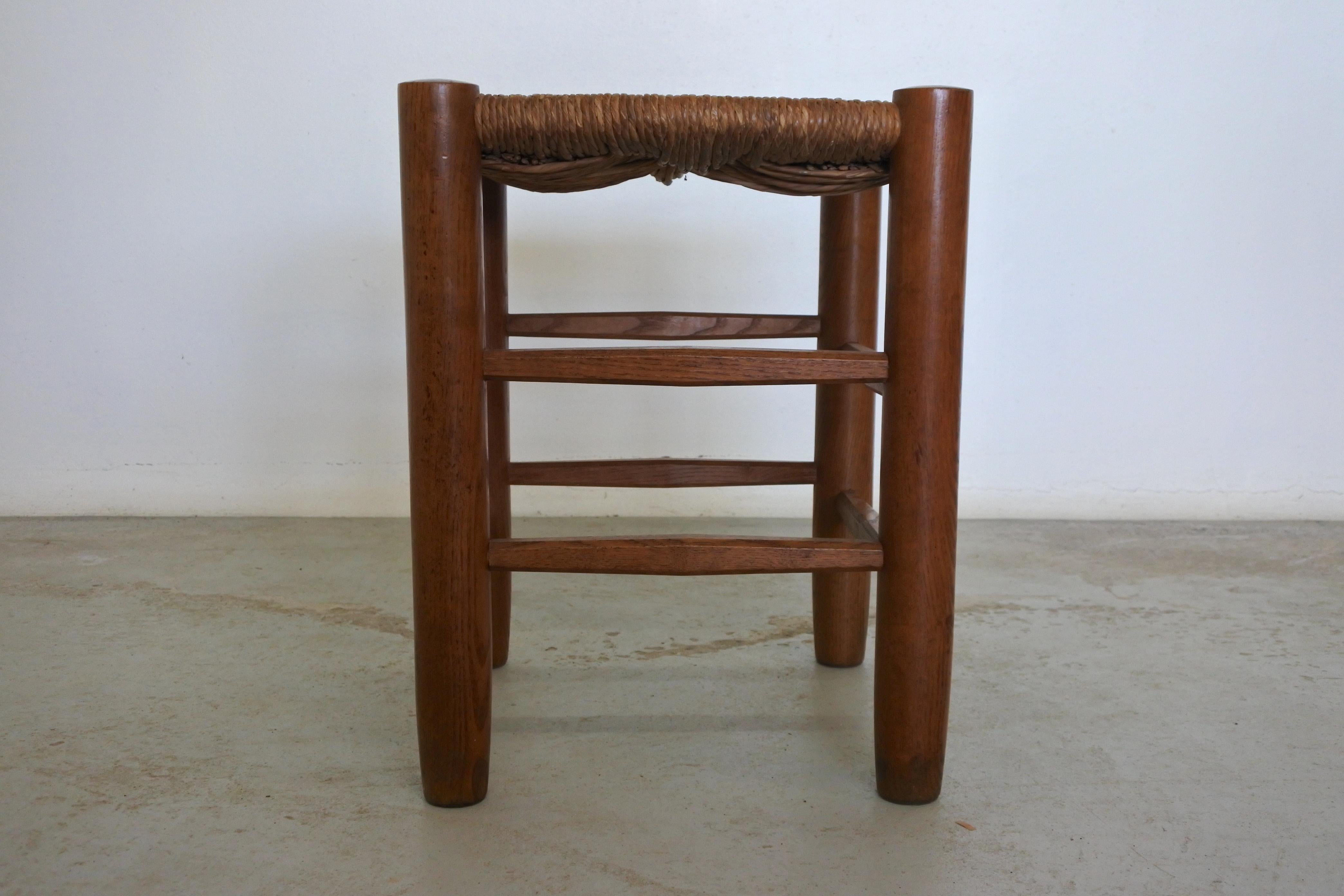 French Charlotte Perriand Ash Wood and Straw Stool, France, Early 1950s