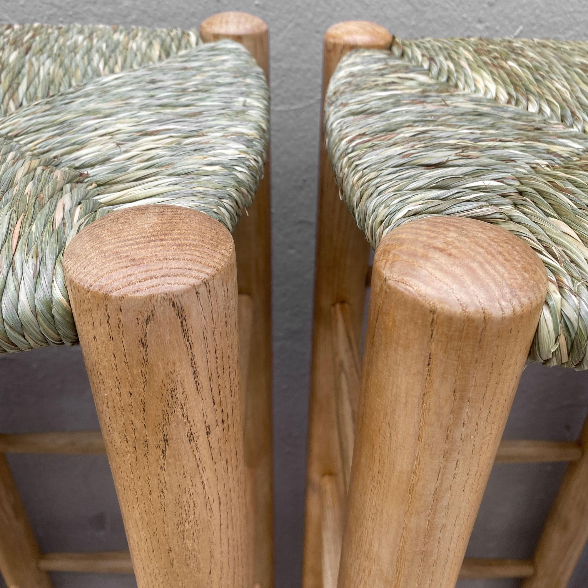 Straw Charlotte Perriand Bauche Ash bar stools 1948 For Sale