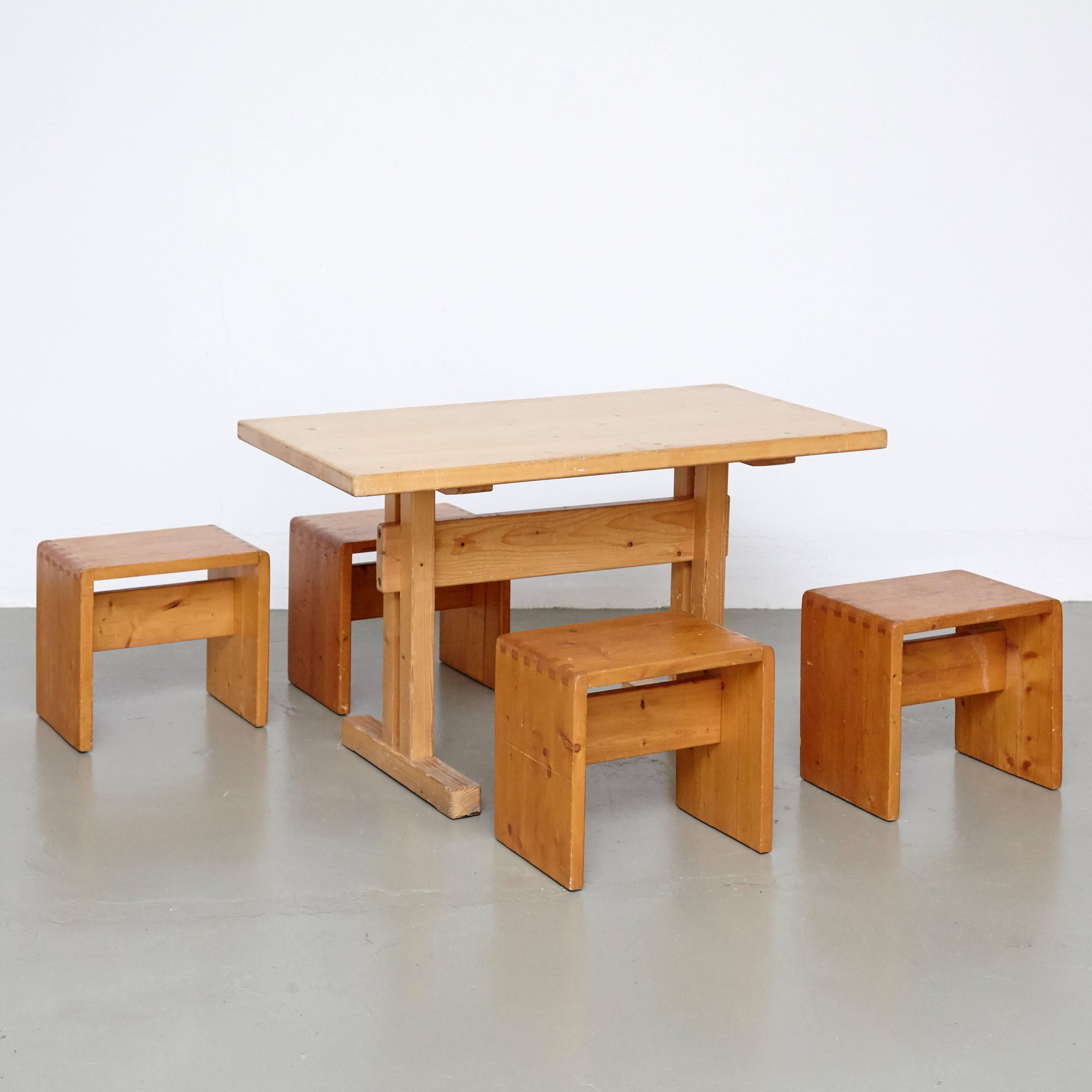 Mid-Century Modern Charlotte Perriand Big Table and Four Stools for Les Arcs