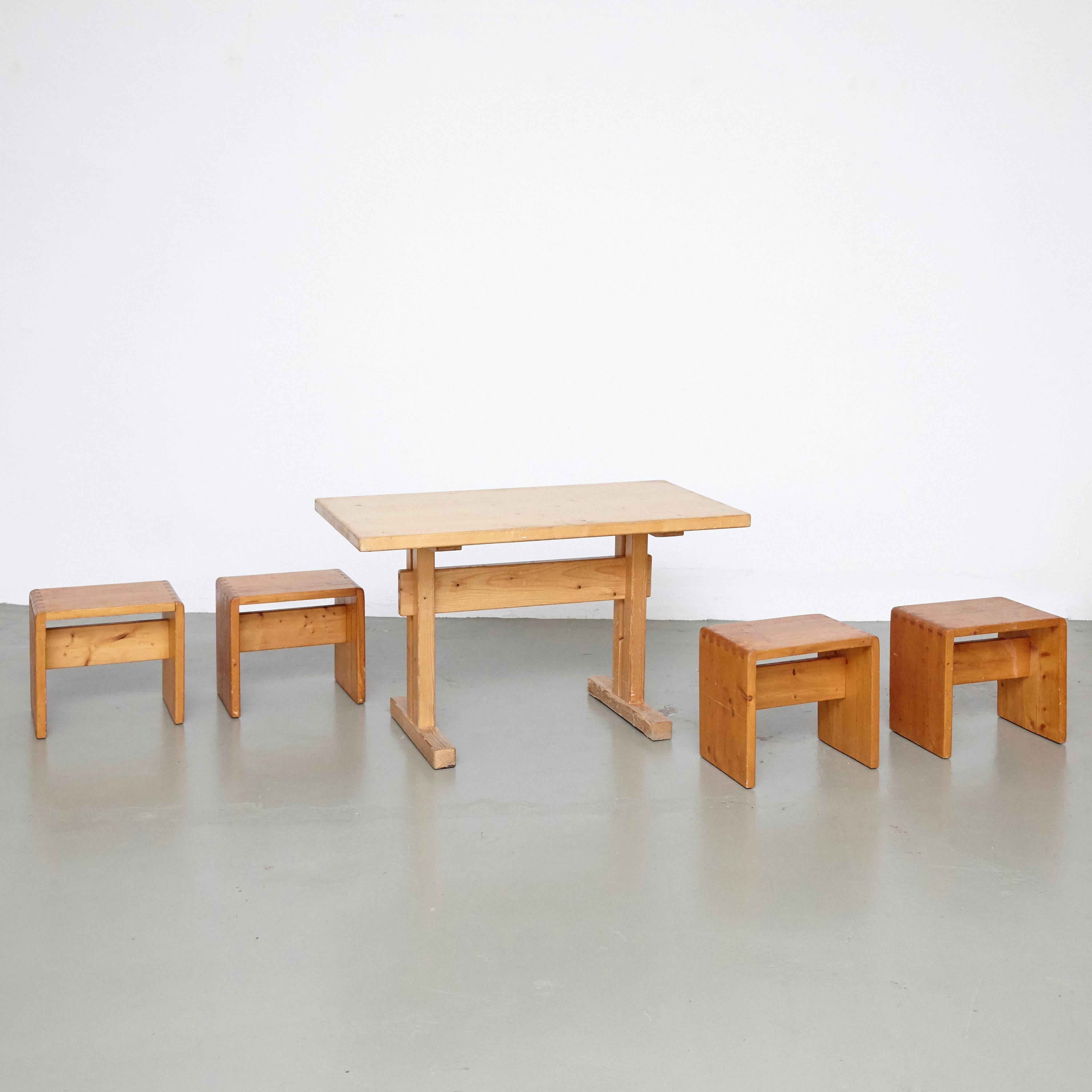 French Charlotte Perriand Big Table and Four Stools for Les Arcs