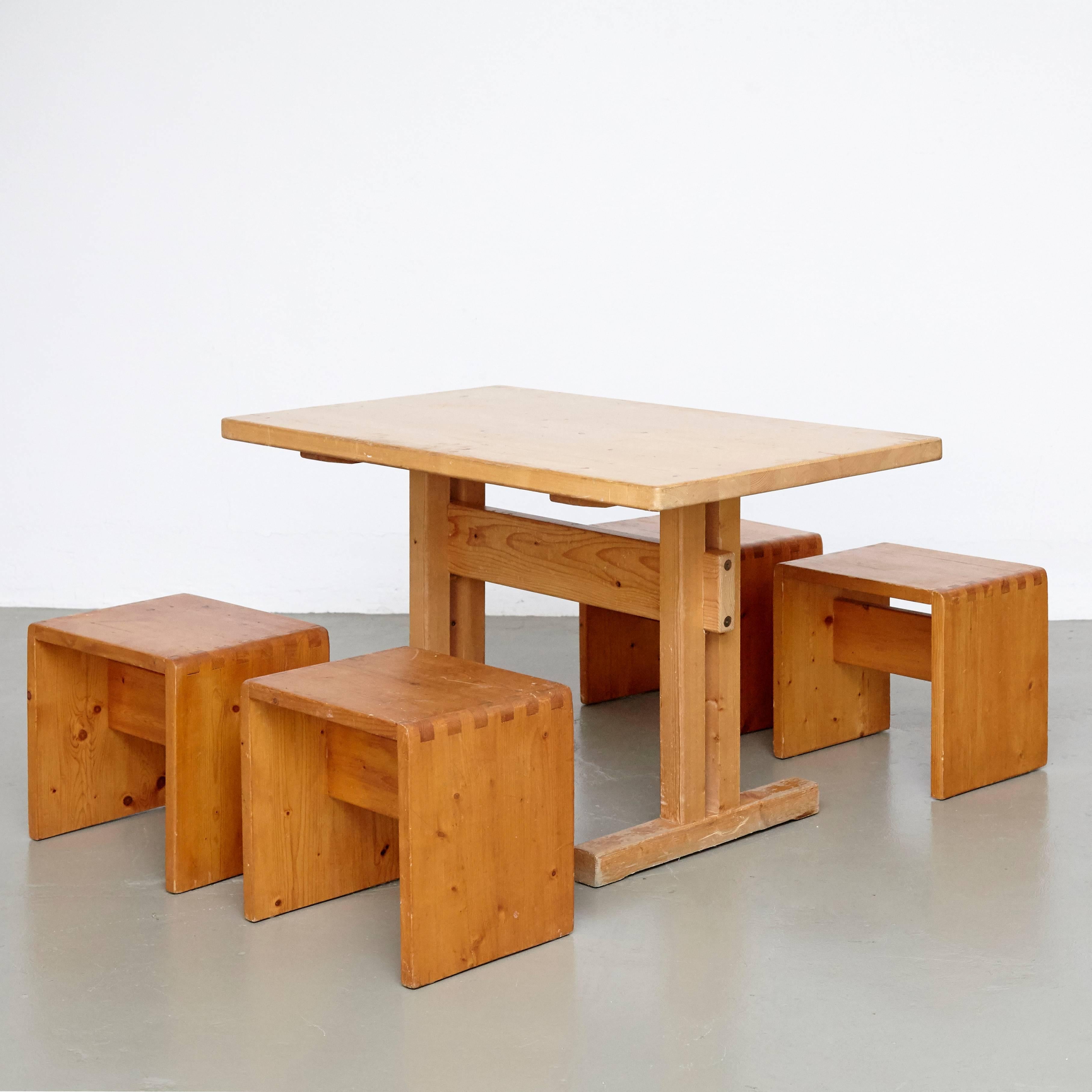 Mid-20th Century Charlotte Perriand Big Table and Four Stools for Les Arcs