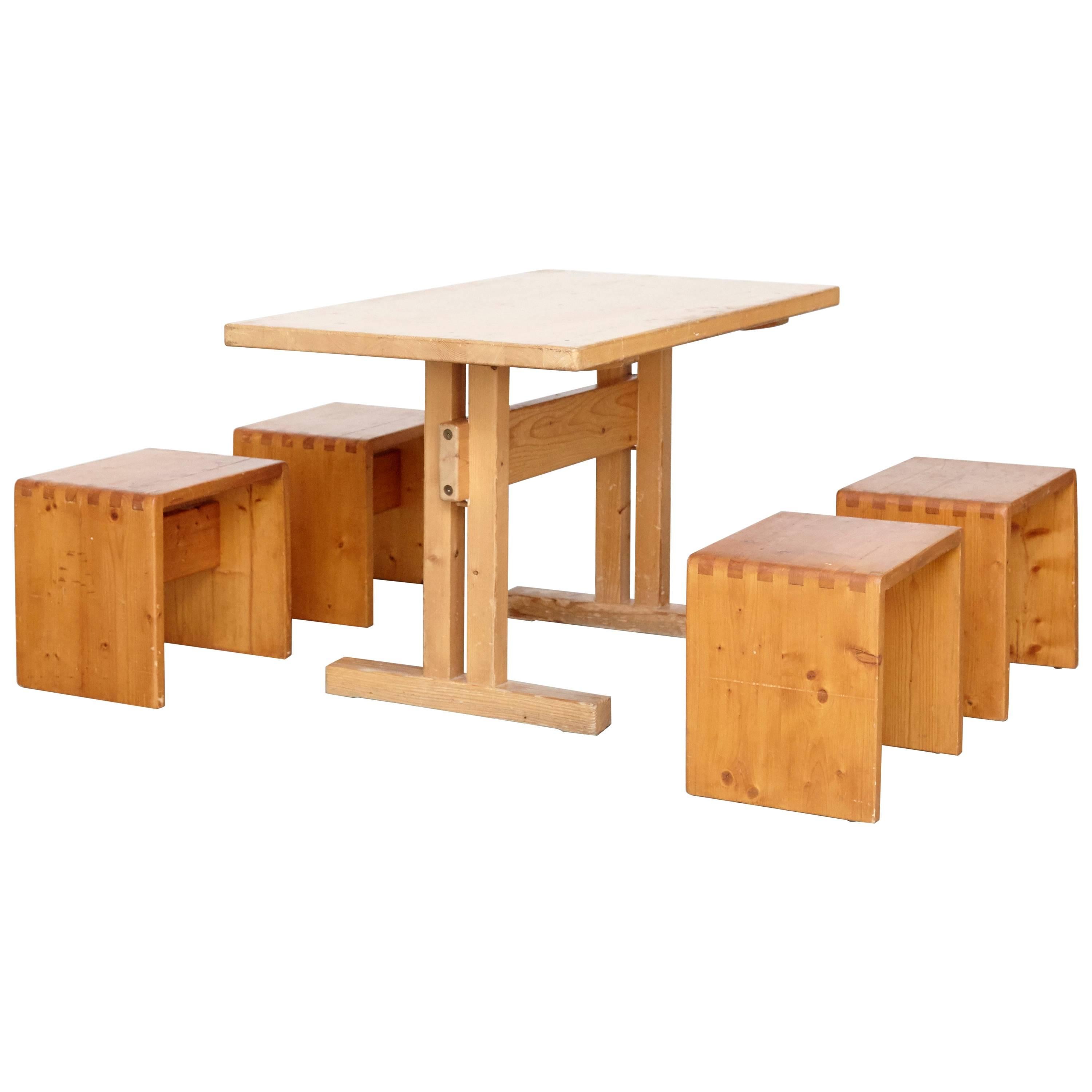 Charlotte Perriand Big Table and Four Stools for Les Arcs