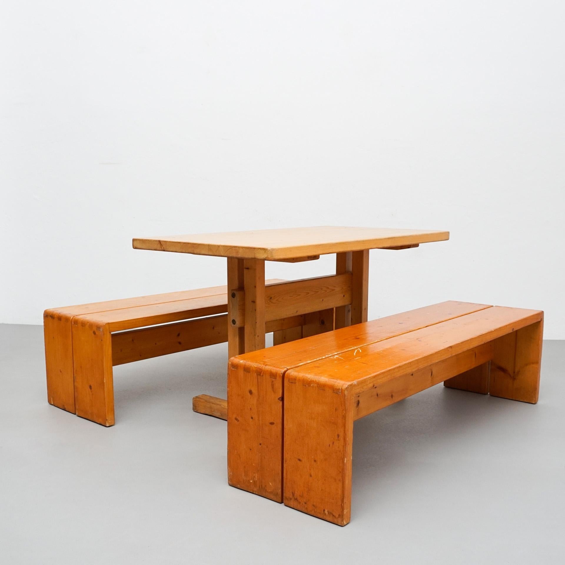 Mid-Century Modern Charlotte Perriand Big Table and Two Benches for Les Arcs