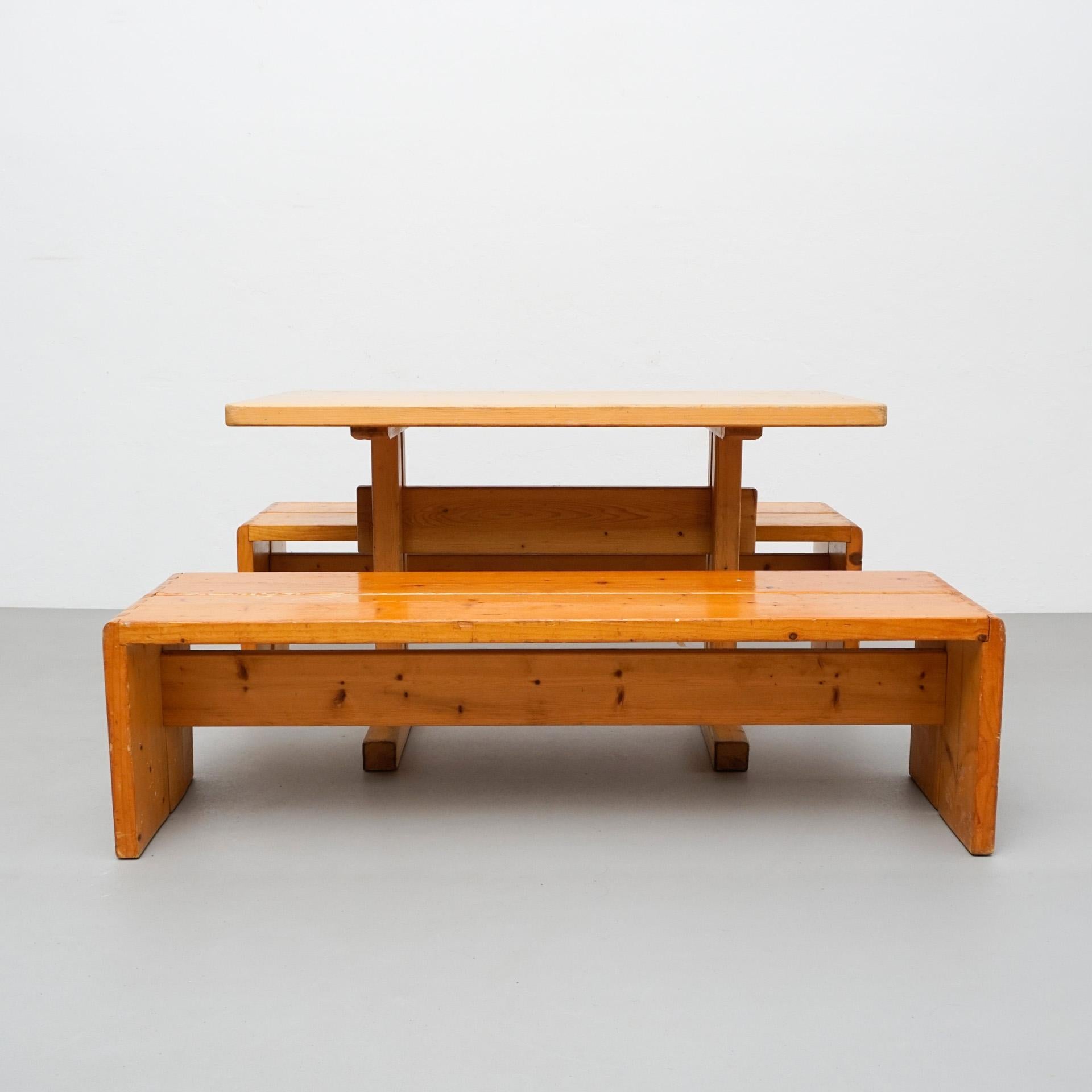 French Charlotte Perriand Big Table and Two Benches for Les Arcs