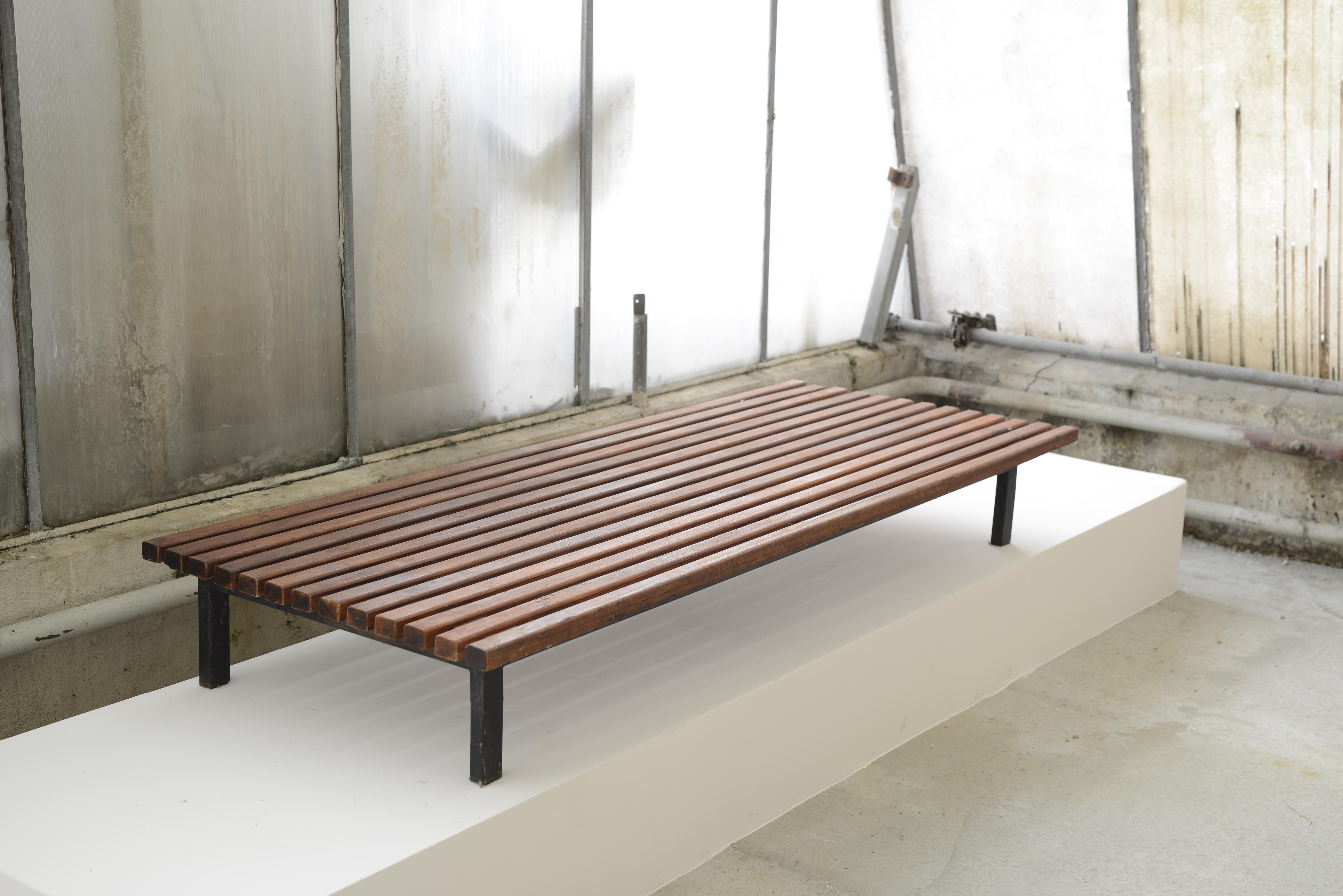 Charlotte Perriand counts as one of the masters of French modernist design together with Le Corbusier, Jean Prouvé or Pierre Jeanneret. Her works are highly valued until present time and have become design classics. This bench is a raw but and