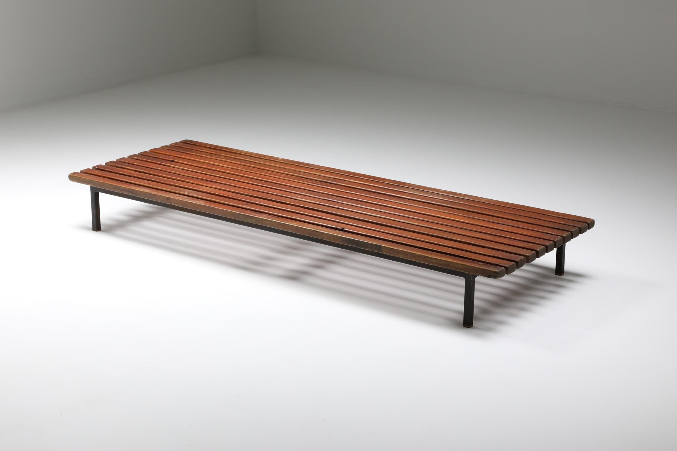 Charlotte Perriand, Low bench, from Cité Cansado, Mauritania, circa 1958
Stained pine, painted steel.

Metal produced by Métal Meubles and wood produced by Négroni, France. Issued by Galerie Steph Simon, Paris, France.

Trailblazer Charlotte