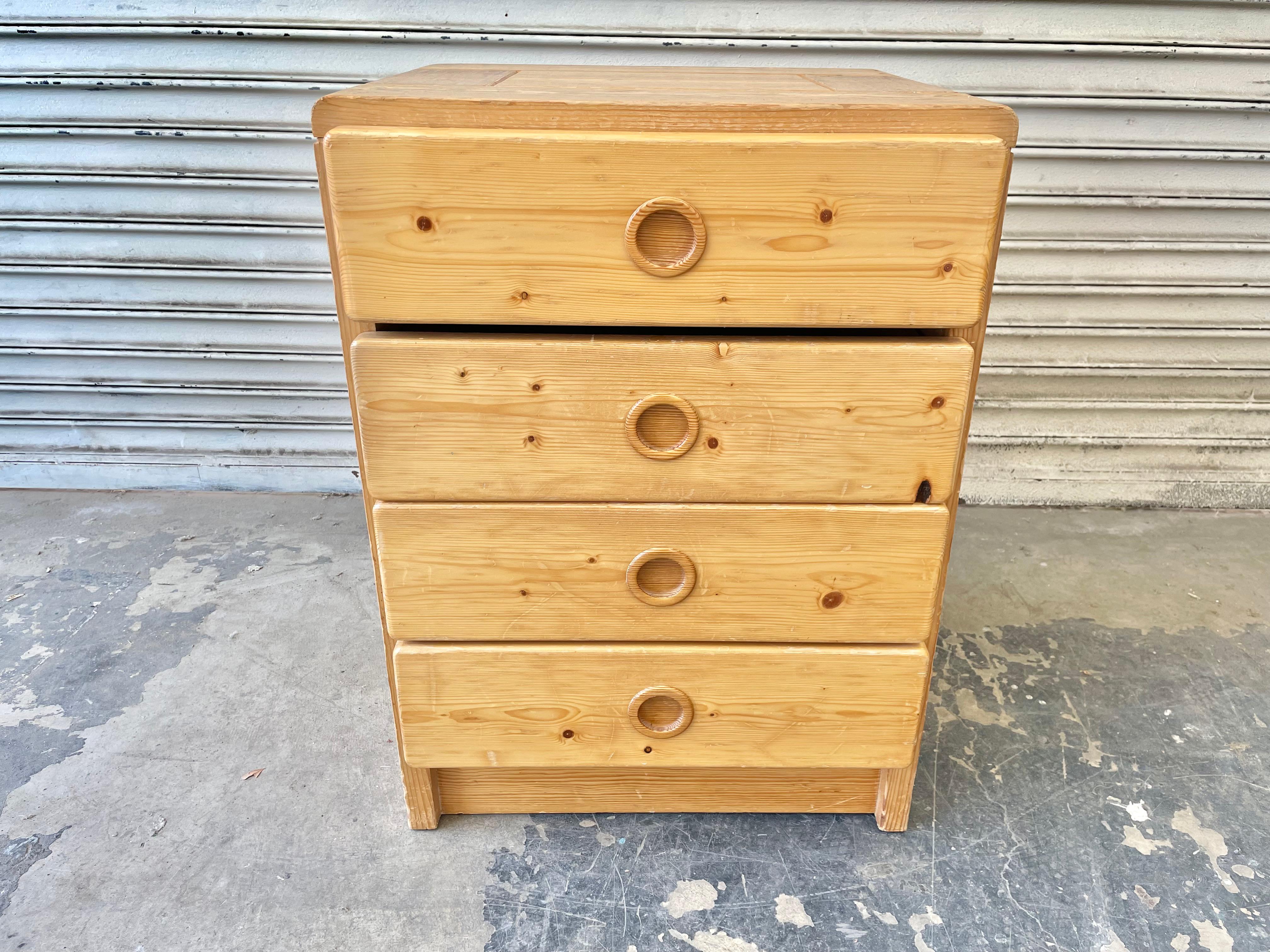 Pine chest of drawers by Charlotte Perriand for Les Arcs. 4 pull out drawers. Made of solid pine, circa 1960. Good original condition. Fun piece of collectible design from the popular French ski resort. 3 available. Priced individually. 

