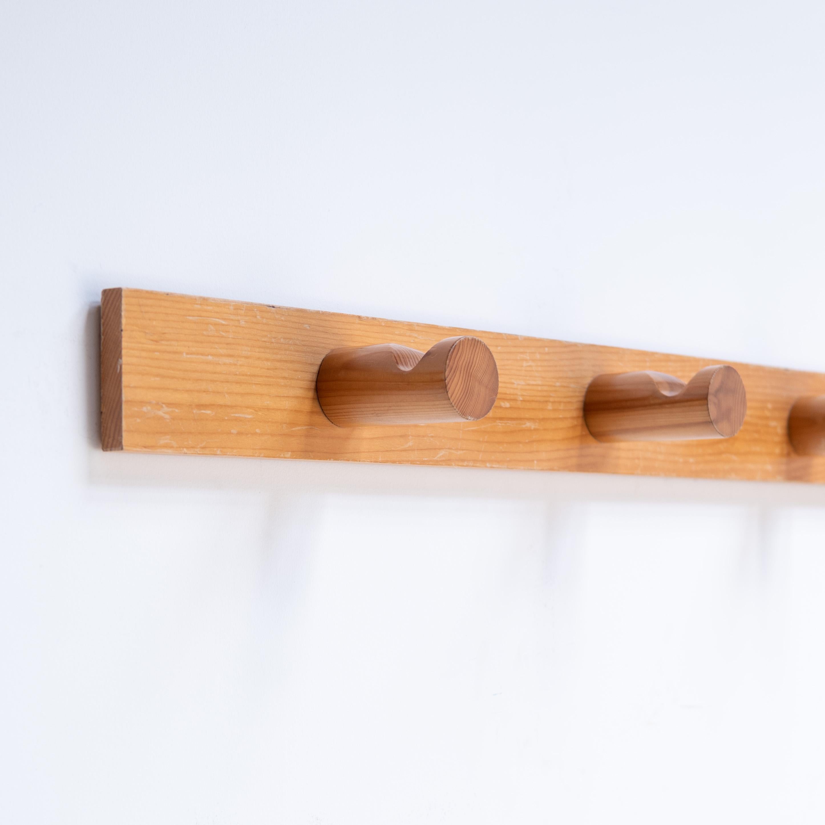 French Charlotte Perriand Coat Rack with Three Hooks for Les Arcs, Pinewood, 1970s For Sale