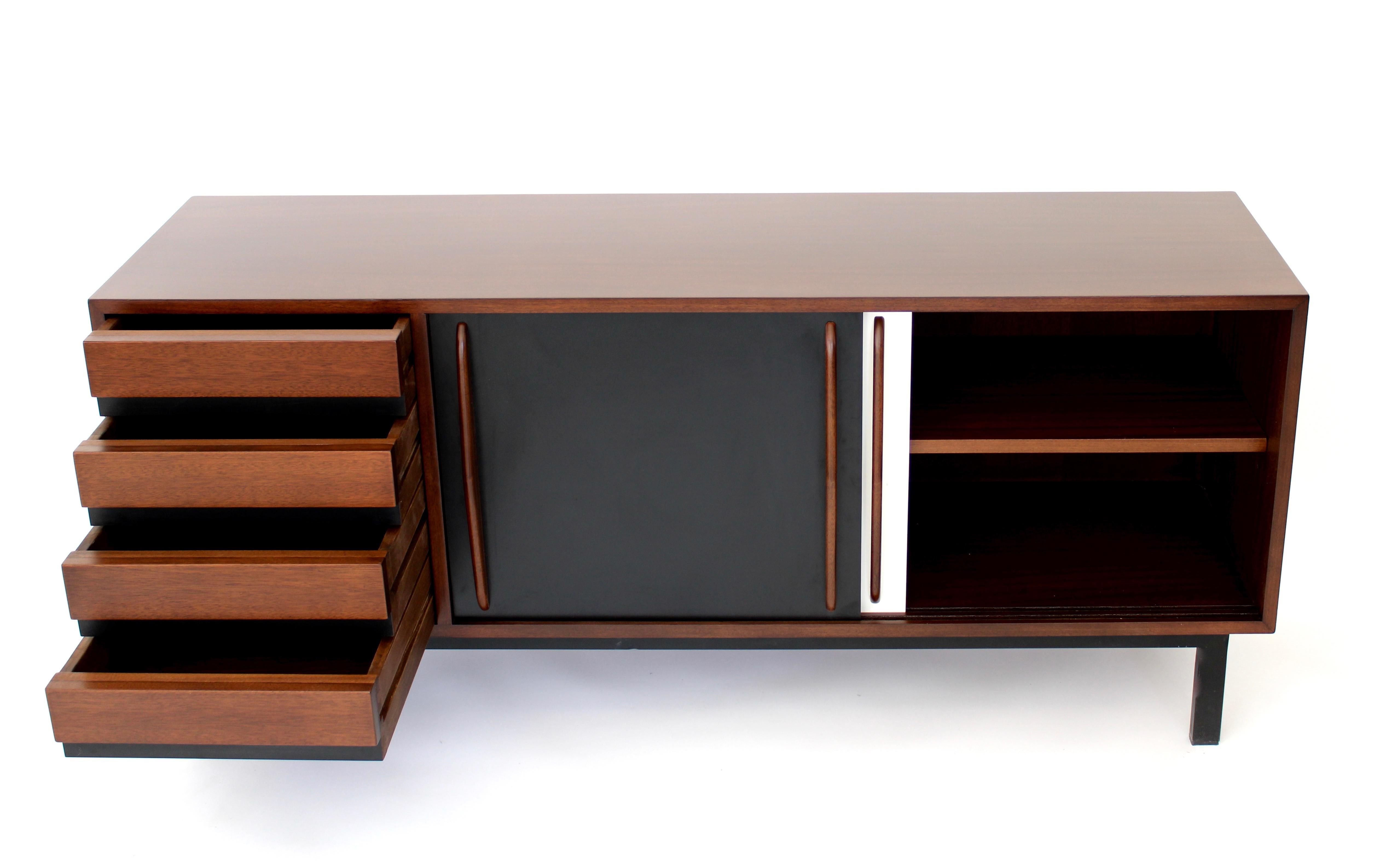Mid-Century Modern Charlotte Perriand Consado Sideboard Buffet Mahogany Wood Black White Laminate