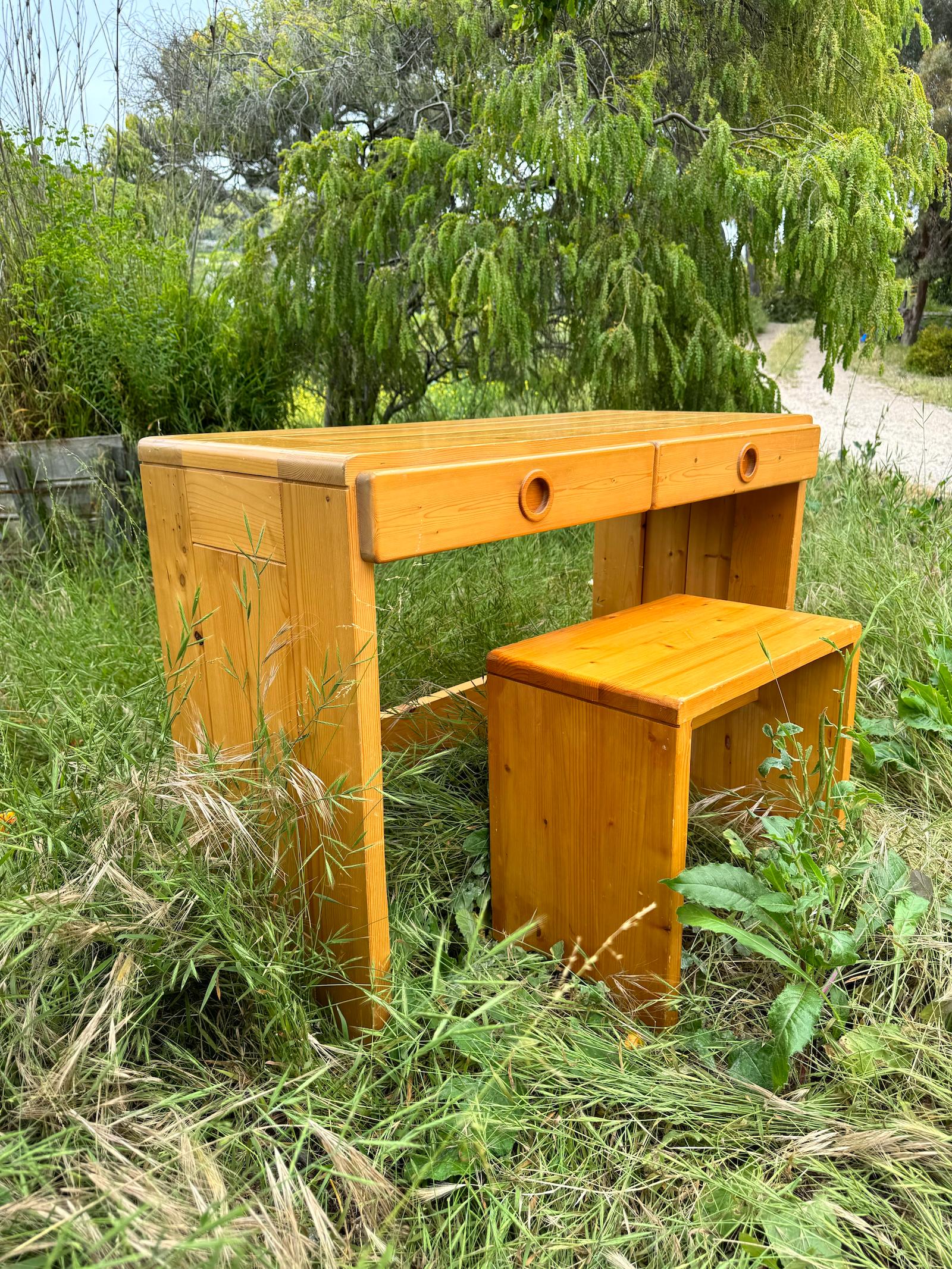 Mid-Century Modern Charlotte Perriand Desk and Stool for Les Arcs, France circa 1970 For Sale