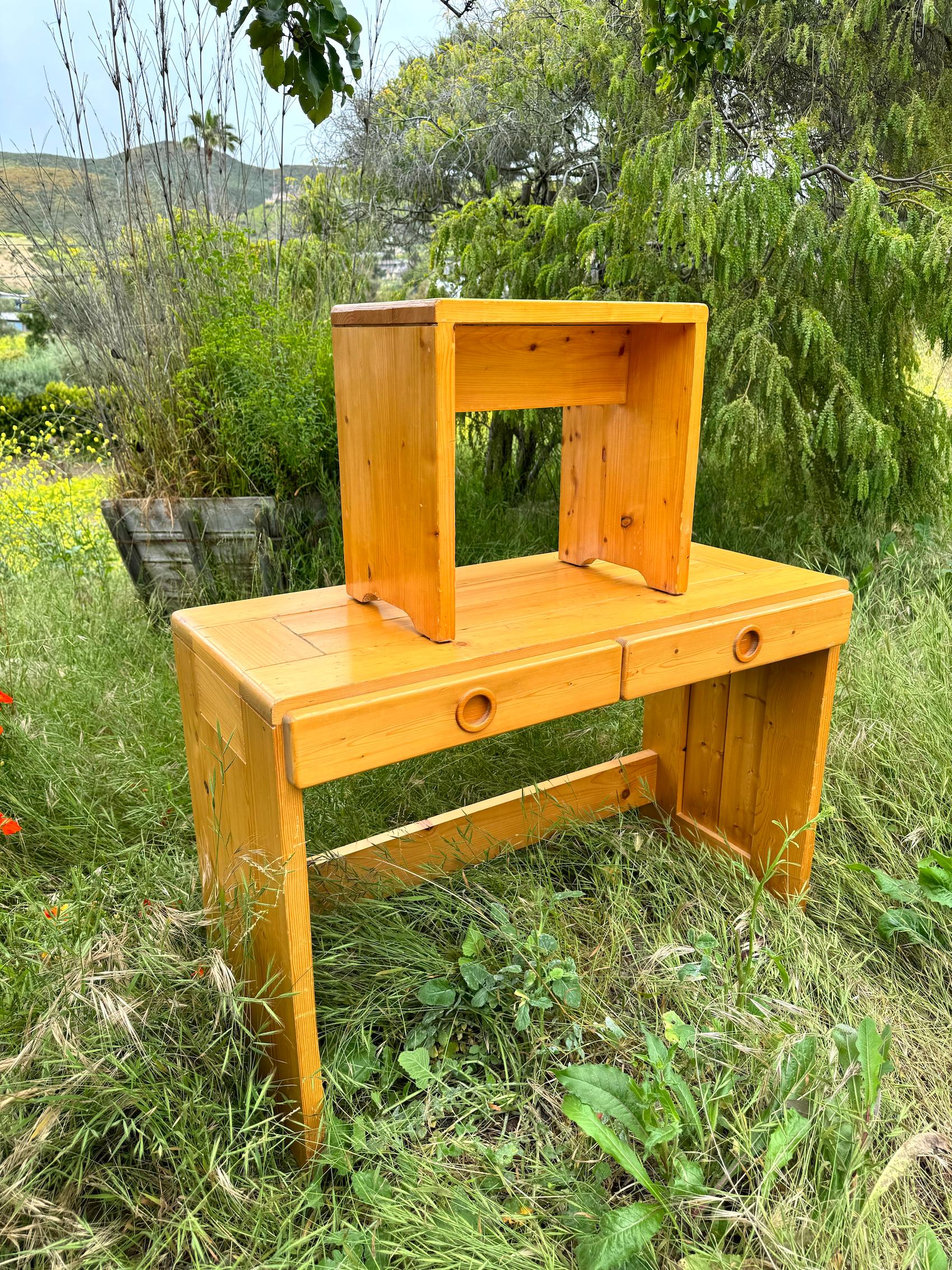 Pine Charlotte Perriand Desk and Stool for Les Arcs, France circa 1970 For Sale