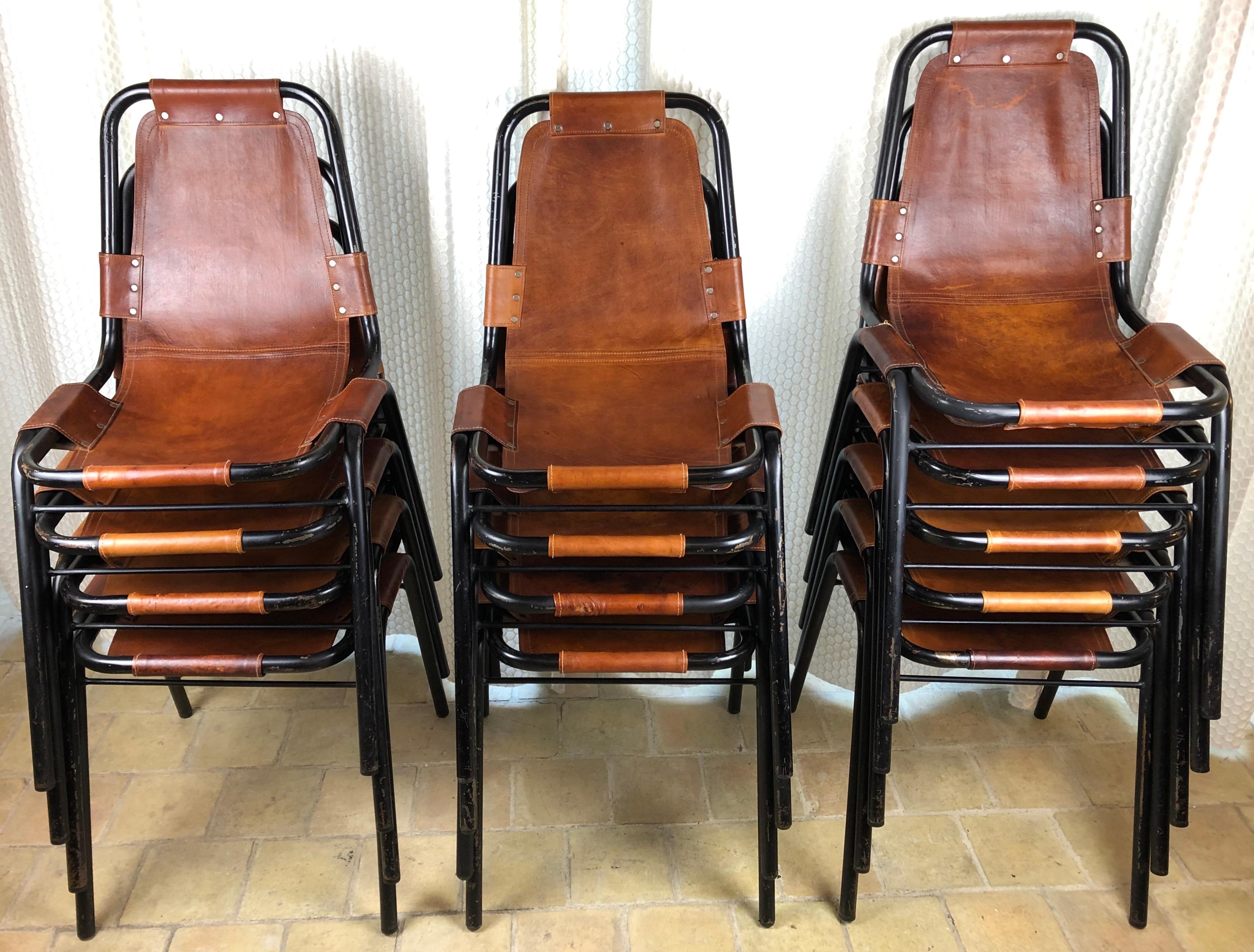 Mid-Century Modern Charlotte Perriand Dining Chairs for Les Arcs Ski Resort Set of 13 Brown Leather