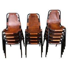 Vintage Charlotte Perriand Dining Chairs for Les Arcs Ski Resort Set of 13 Brown Leather