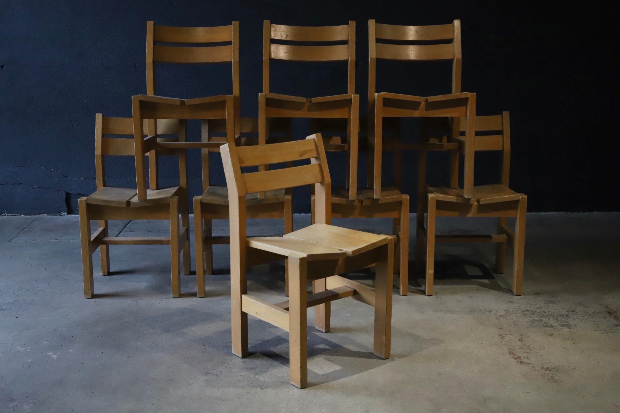 Rare set of 8 chairs by Charlotte Perriand. In the mid-1960s, Perriand designed many aspects of the lodgings at the Les Arcs 1600, France. The chairs were designed for La Cascade, the group of tilted apartments at the ski resort. Made with locally