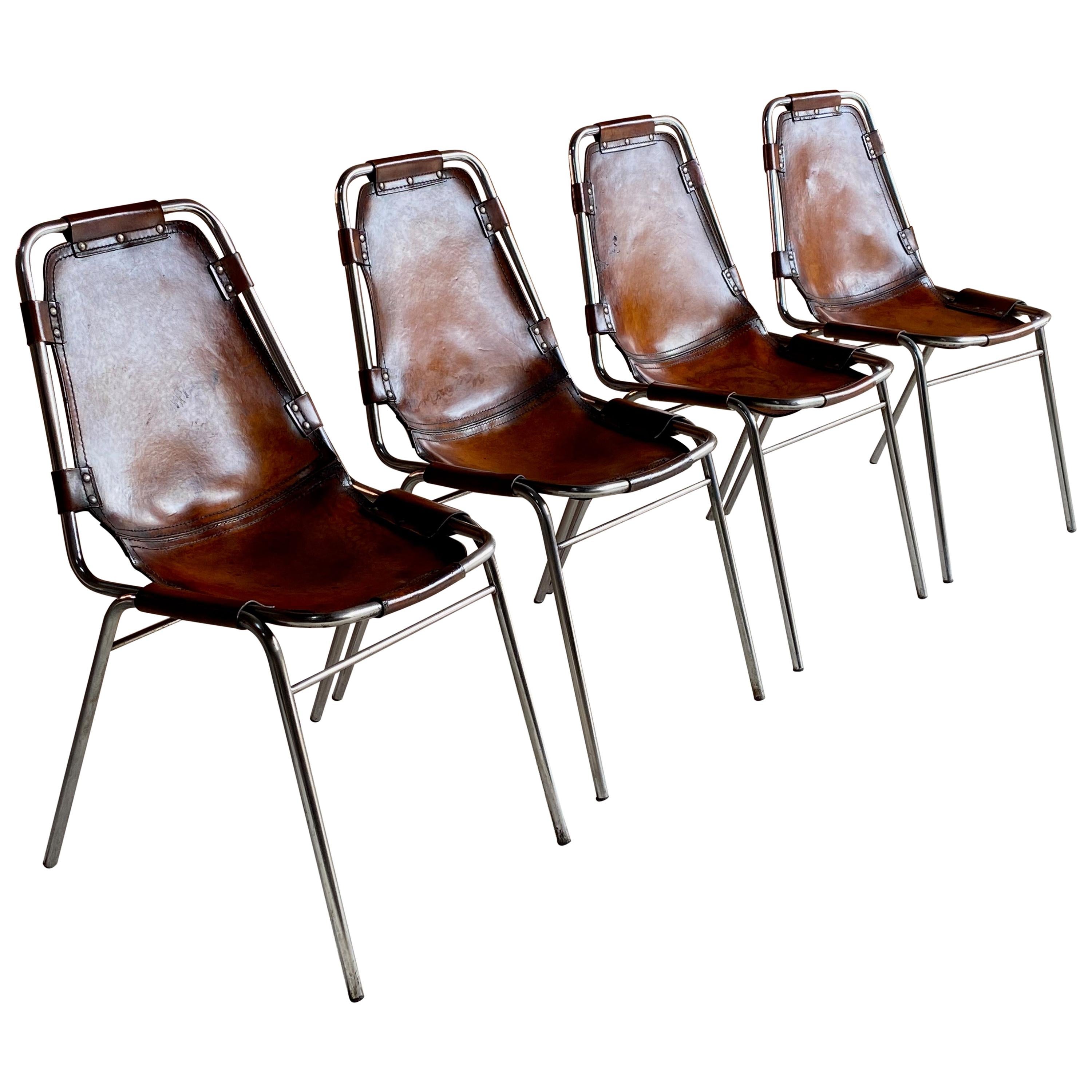 Charlotte Perriand Dining Chairs Leather 4 Les Arcs 1970s Set No 2