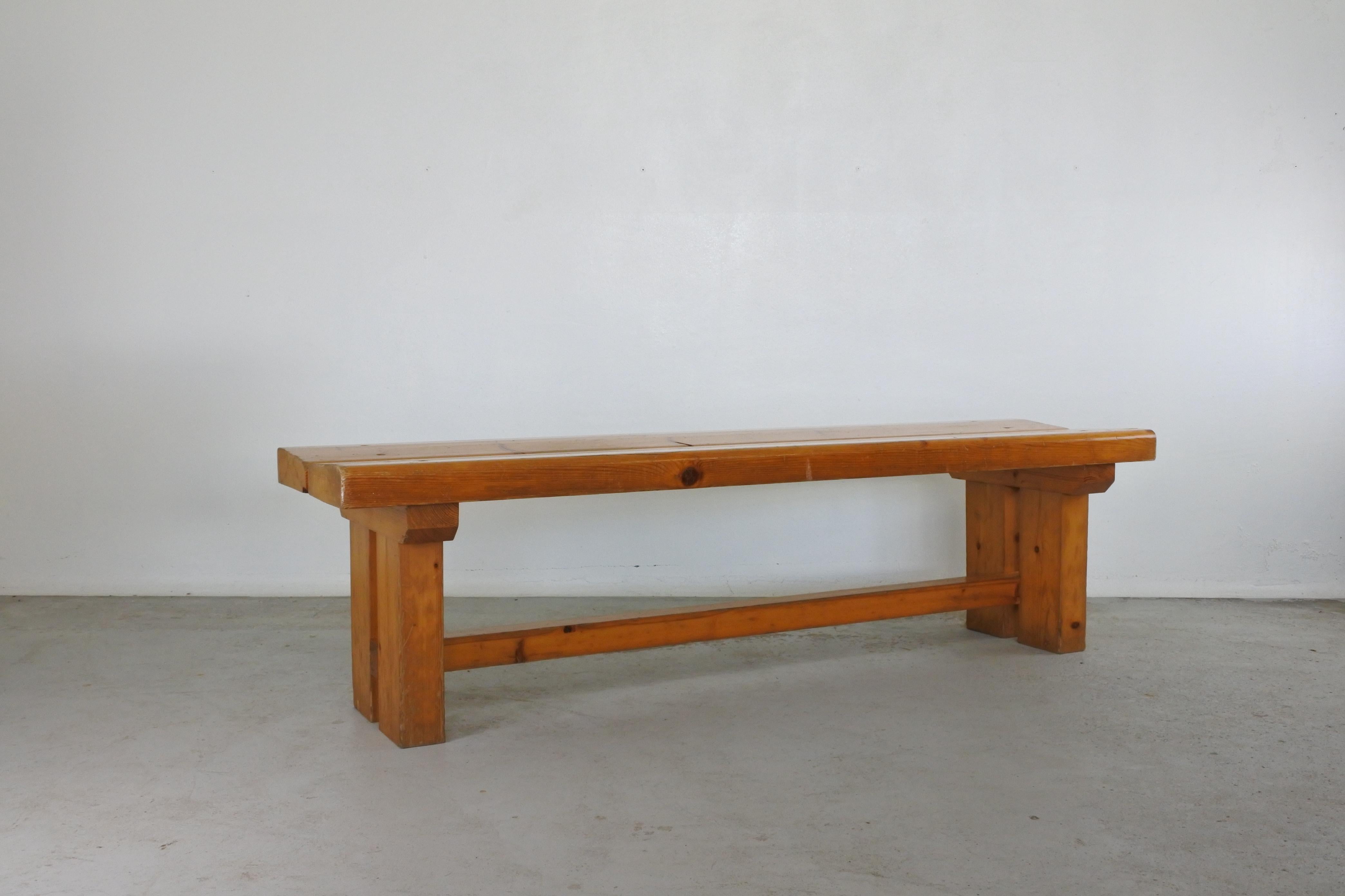 French Charlotte Perriand Documented Solid Pine Wood Bench, 1977