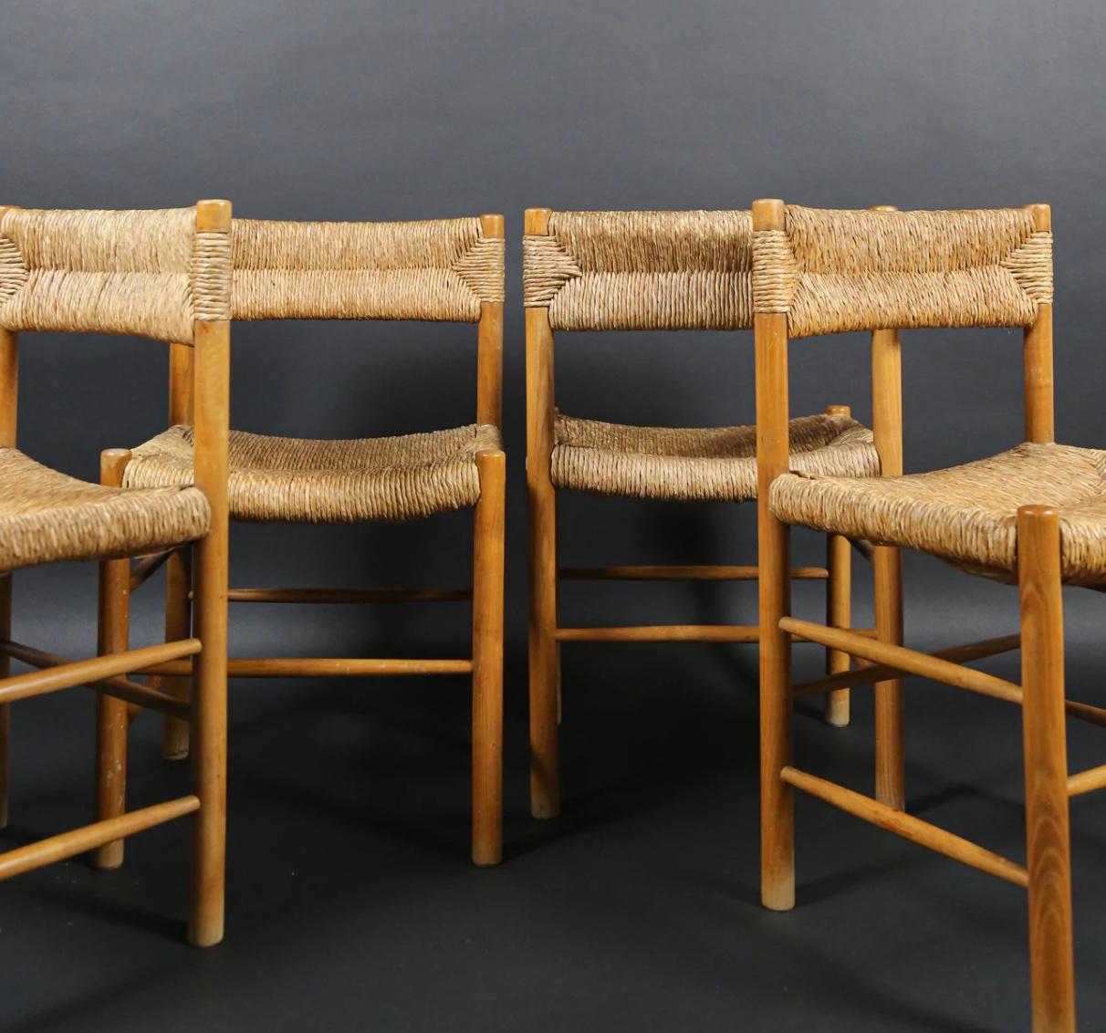 A set of authentic Charlotte Perriand dinnig chairs. 
Dordogne' Model. For Sentou.

dimensions: 18